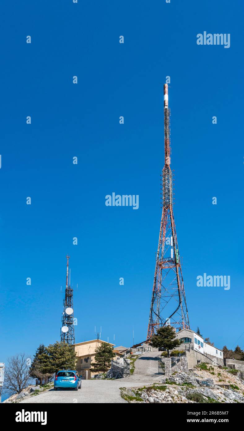 Telecommunications towers at summit of Mount Pantokrator, Corfu Island, Greece Stock Photo