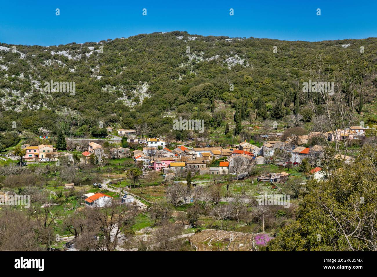 Village of Petaleia, view from road to summit of Mount Pantokrator, Corfu Island, Greece Stock Photo