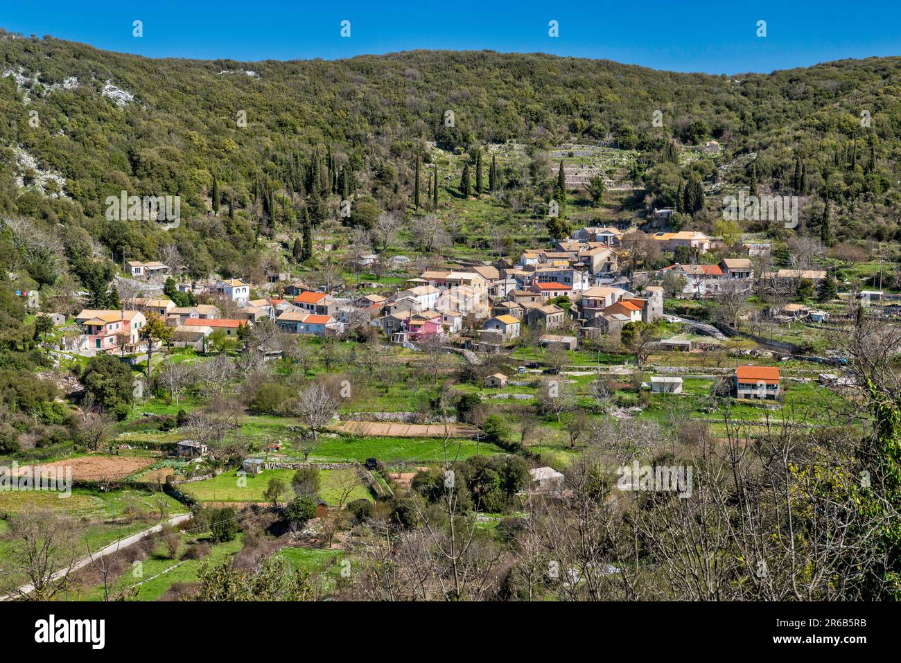 Village of Petaleia, view from road to summit of Mount Pantokrator, Corfu Island, Greece Stock Photo