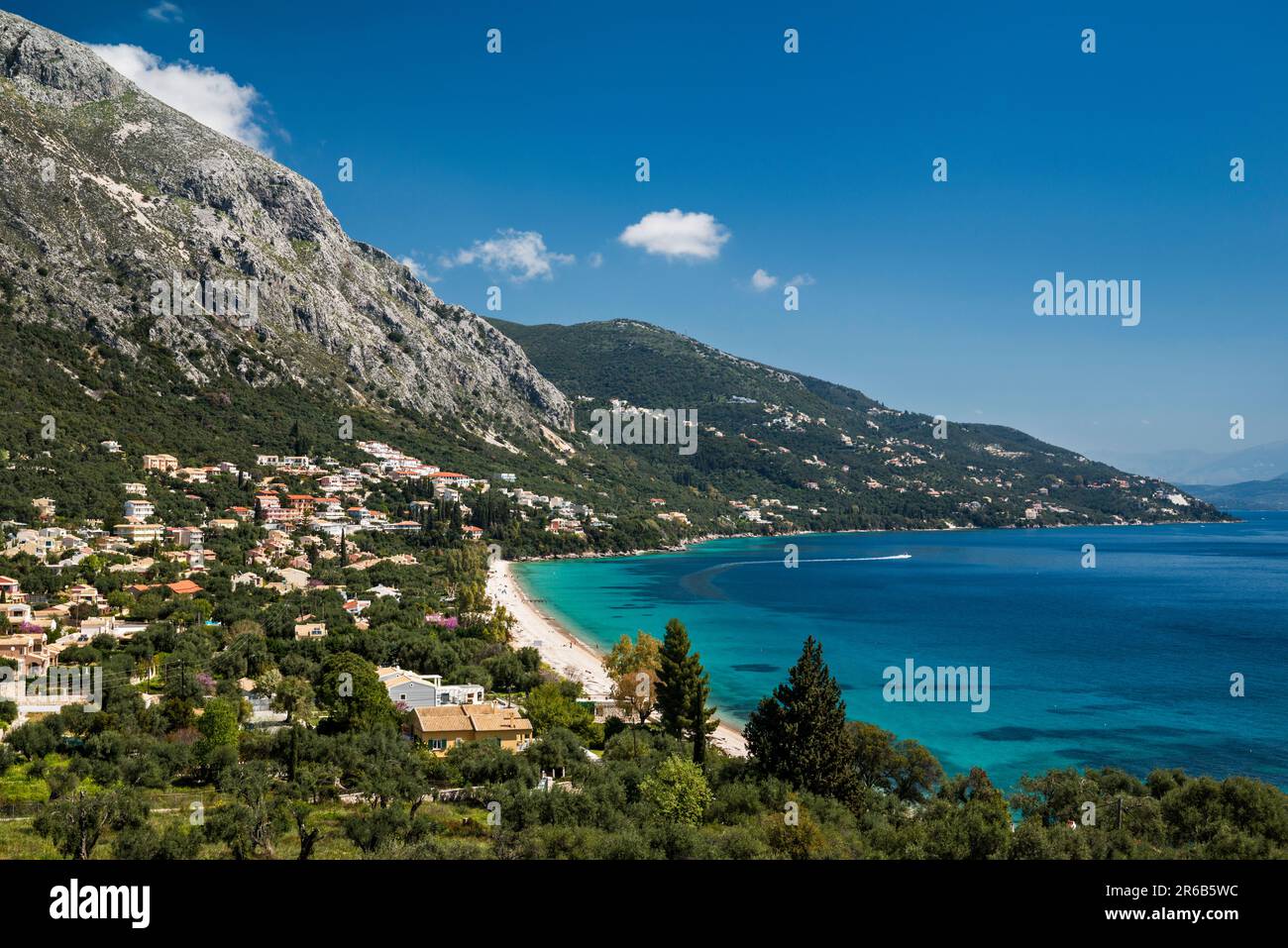 Mount Pantokrator massif over Ionian Sea, Barbati Beach, village of Barbati, Corfu Island, Greece Stock Photo
