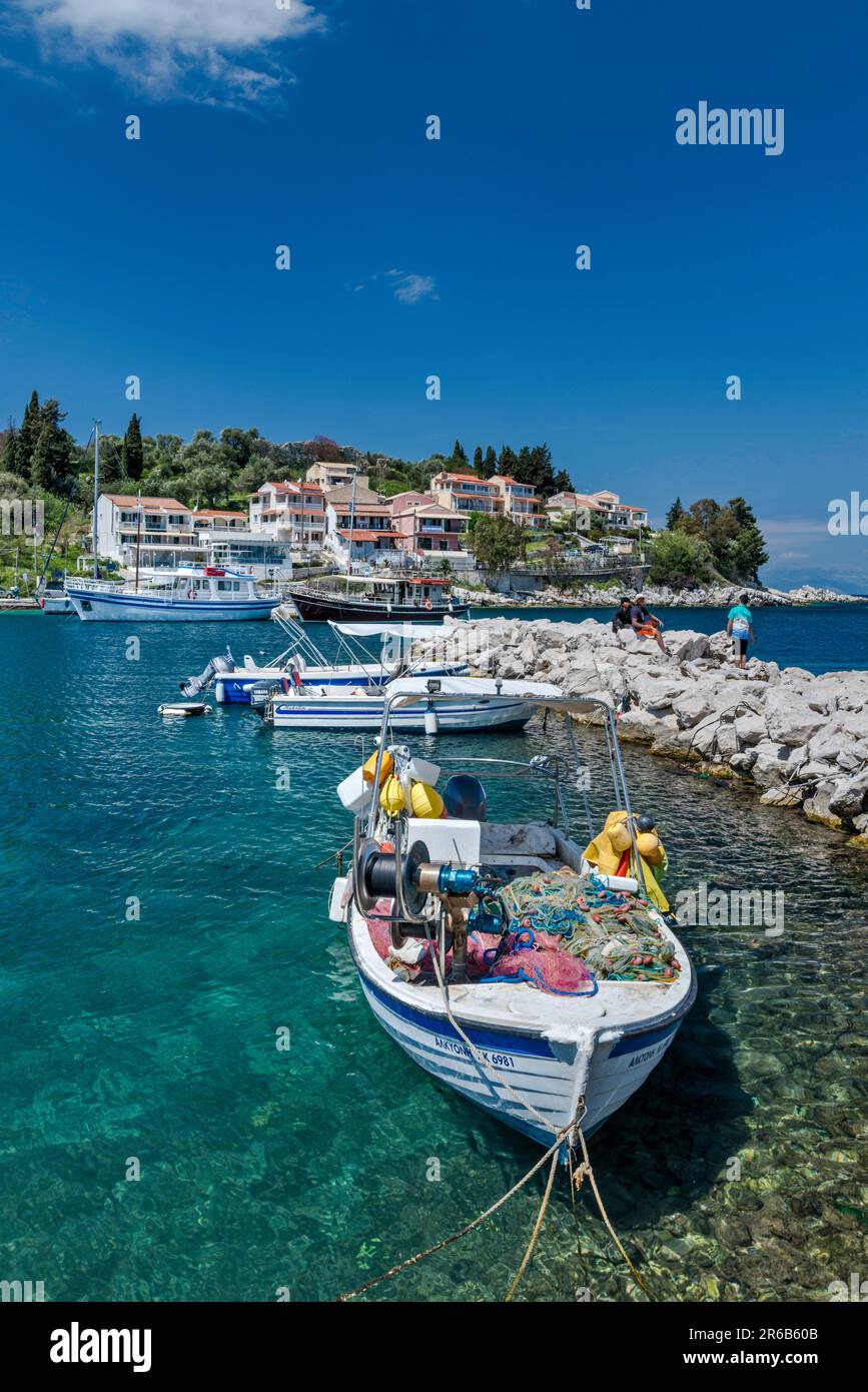 Boats at port in Kassiopi, Corfu Island, Greece Stock Photo