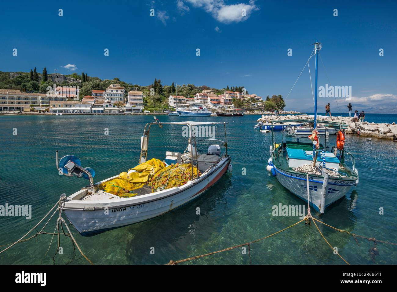 Boats at port in Kassiopi, Corfu Island, Greece Stock Photo