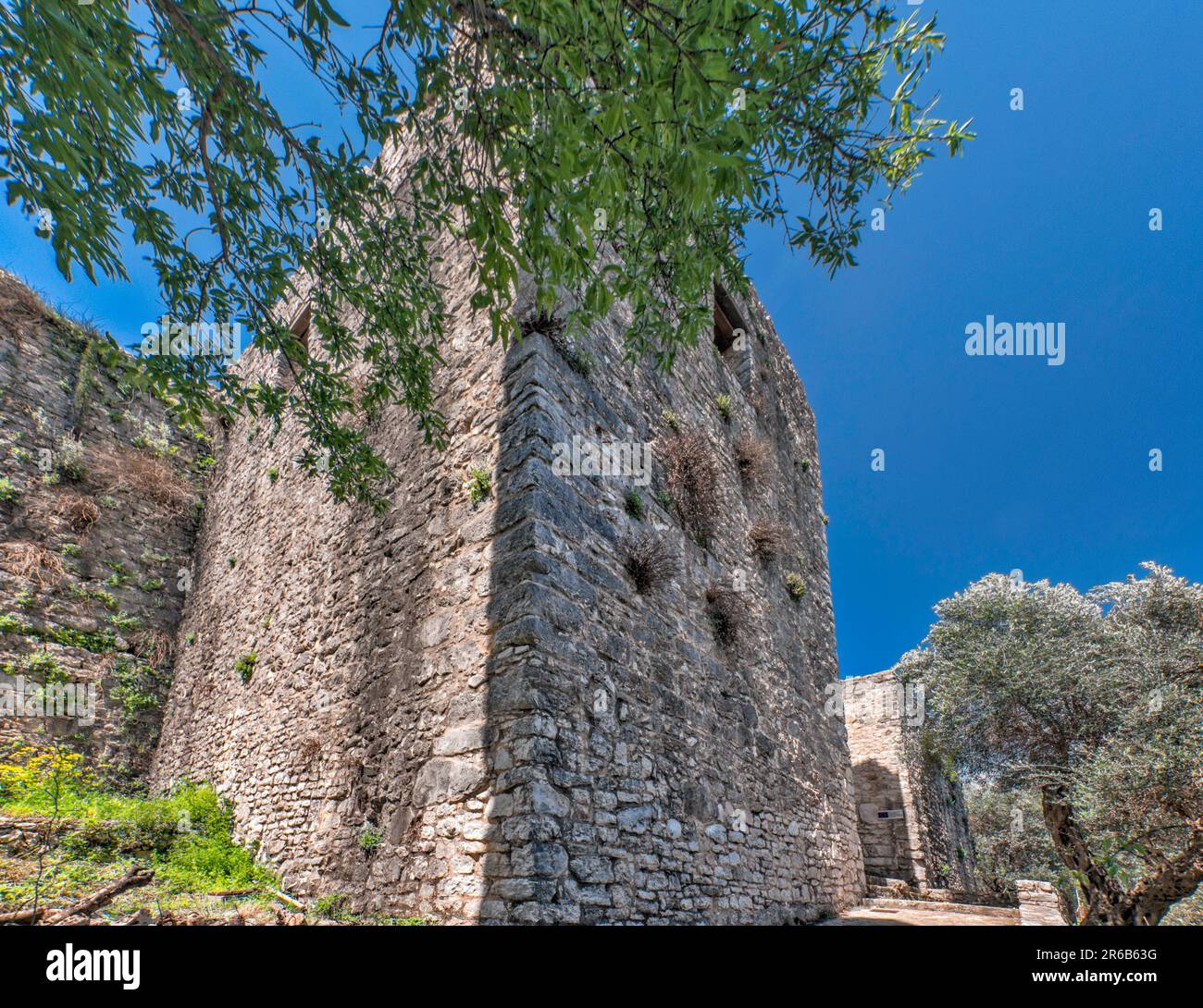 Rectangular tower at entrance to castle in Kassiopi, Corfu Island, Greece Stock Photo