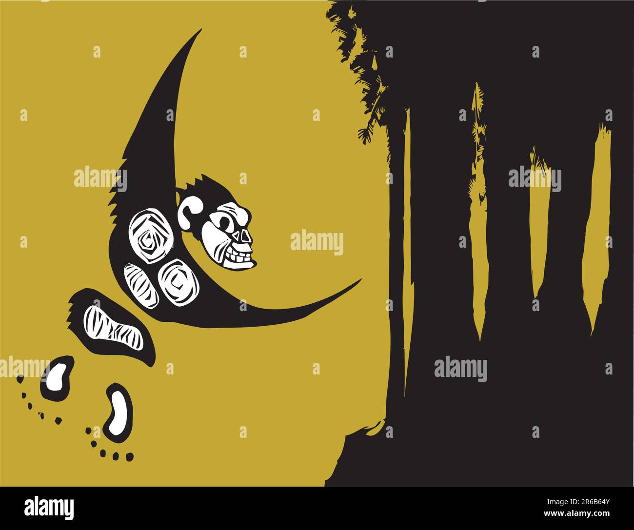 Single monkey swinging, by the shadows of some trees. Text could be fitted in the black space. By using a vector program, removing compound paths o... Stock Vector
