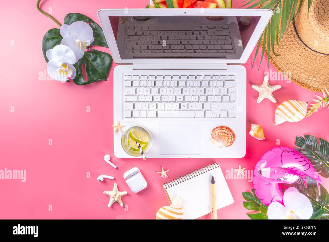 Summer office, working background, blogger workplace flat lay. White ...