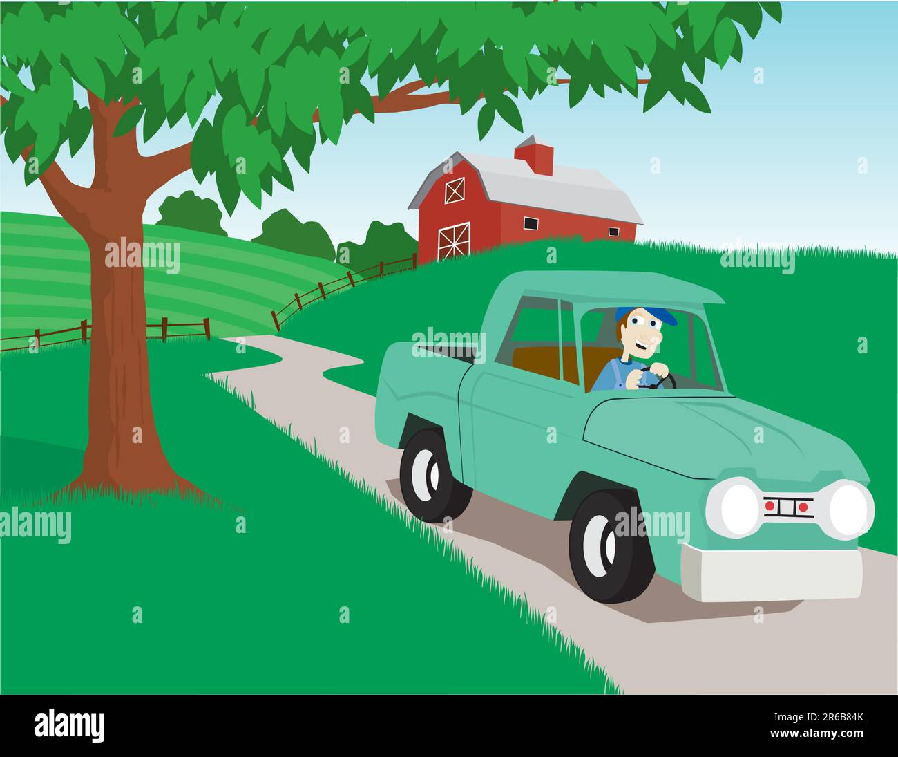Illustration of a man driving an old truck in the country Stock Vector