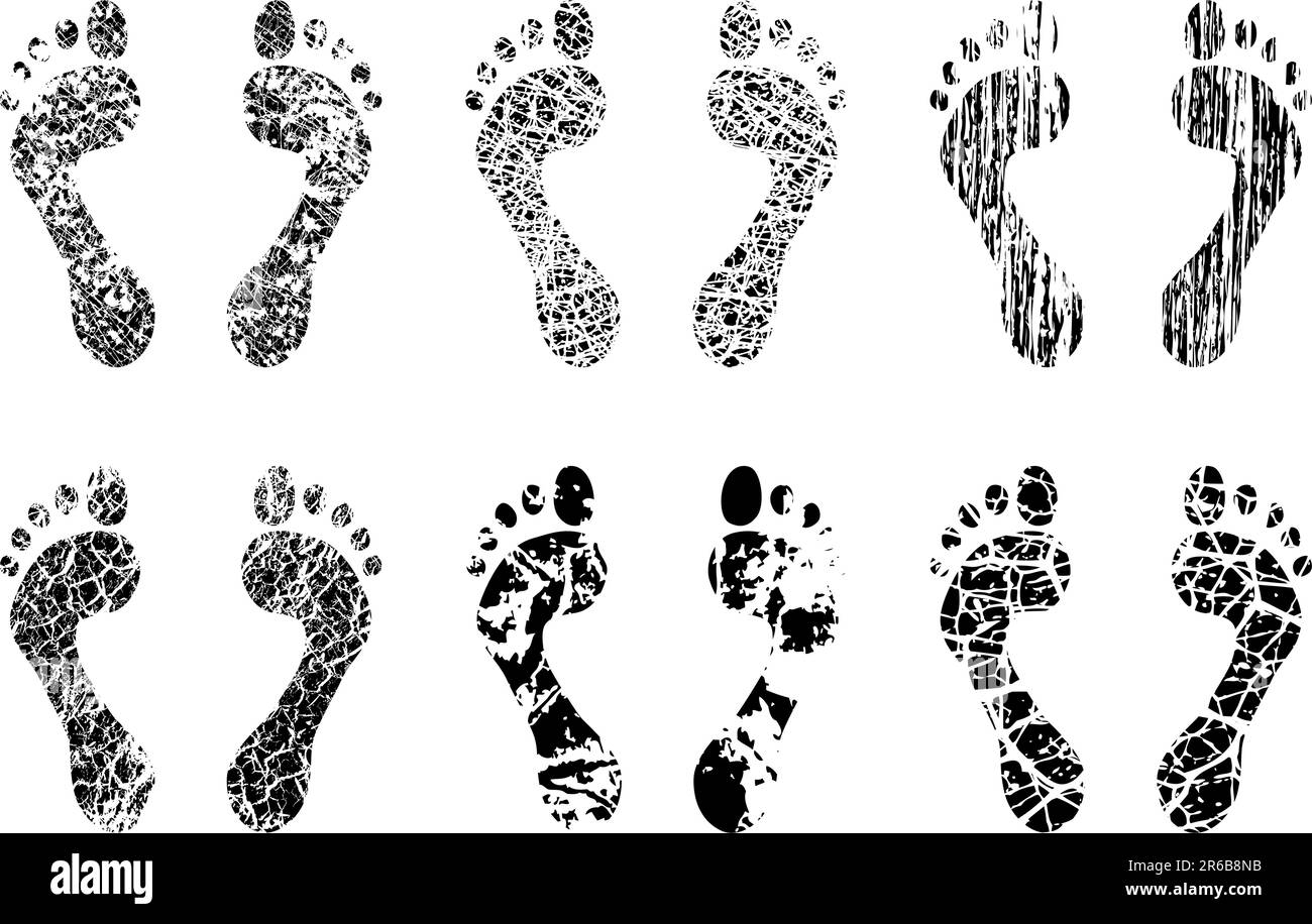 Set of vector human footprints with different grunge patterns Stock