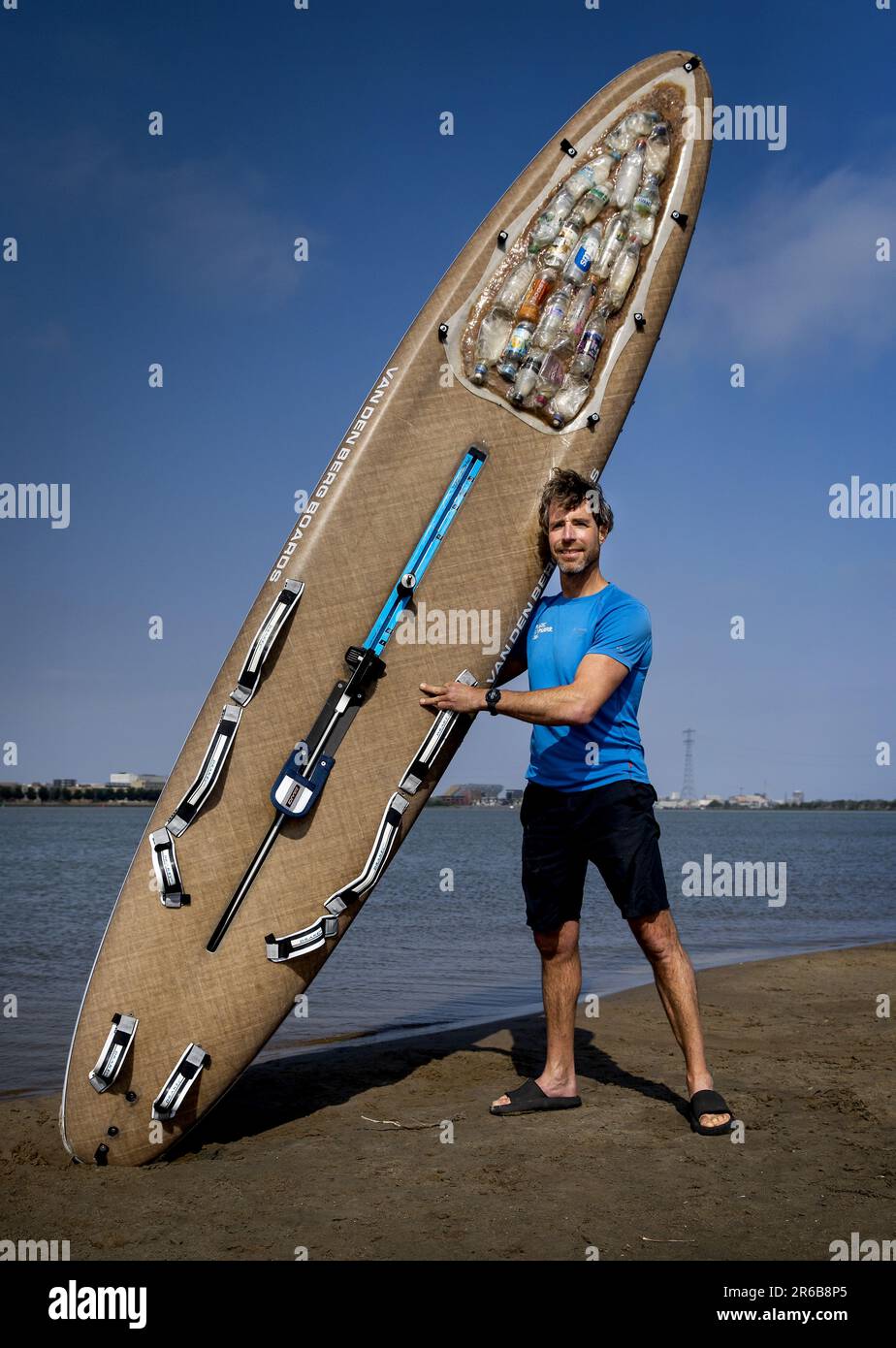 AMSTERDAM - Plastic Soup Surfer Merijn Tinga prior to his 1800km 30 day surfing trip from Oslo to London where he will meet the British Minister of the Environment. The aim of the trip is to quickly introduce a deposit in the UK. ANP KOEN VAN WEEL netherlands out - belgium out Stock Photo