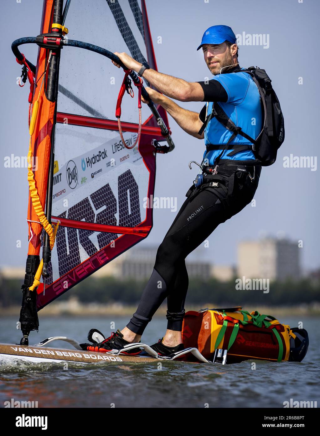 AMSTERDAM - Plastic Soup Surfer Merijn Tinga prior to his 1800km 30 day surfing trip from Oslo to London where he will meet the British Minister of the Environment. The aim of the trip is to quickly introduce a deposit in the UK. ANP KOEN VAN WEEL netherlands out - belgium out Stock Photo