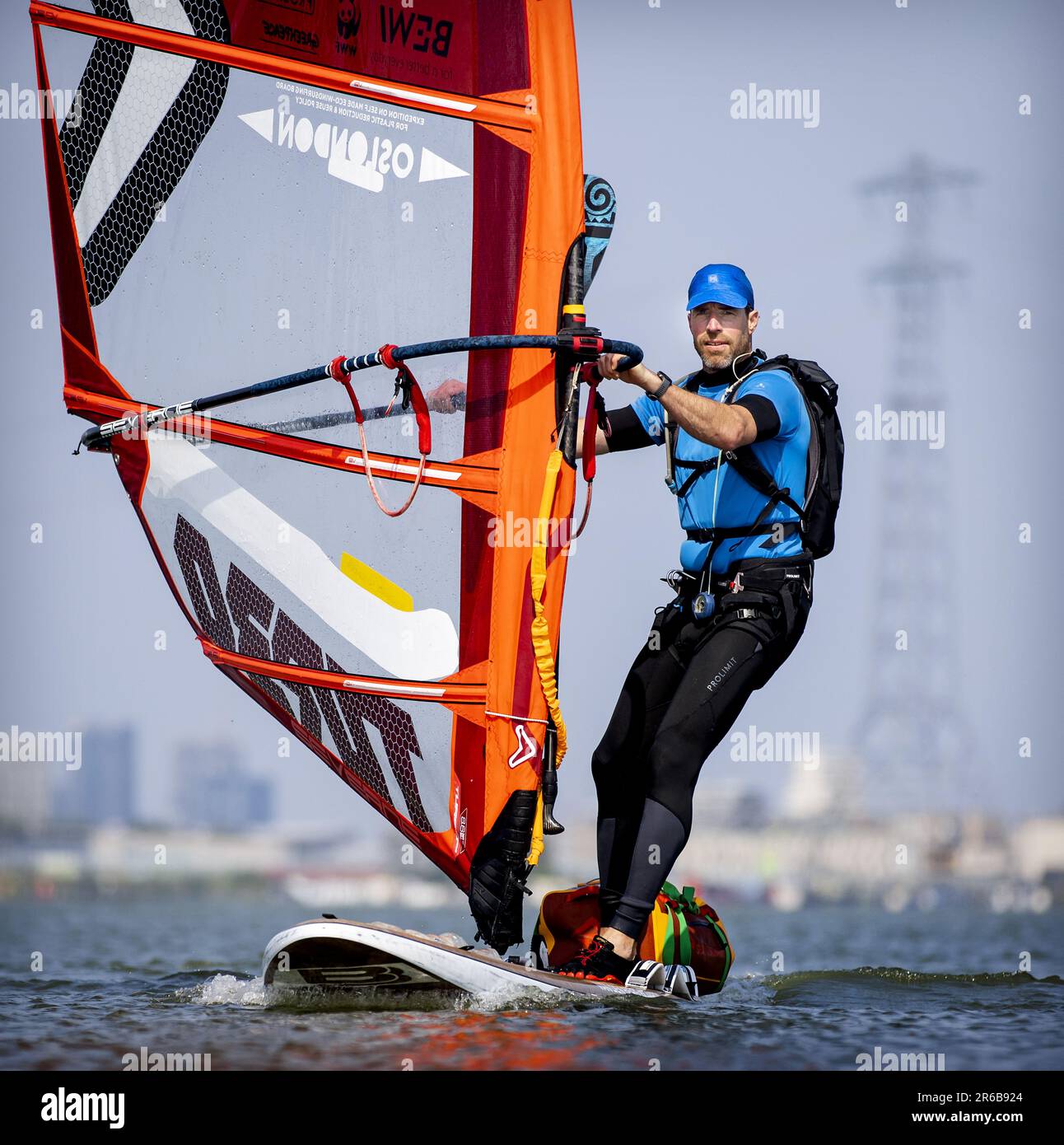 AMSTERDAM - Plastic Soup Surfer Merijn Tinga prior to his 1800km 30 day surfing trip from Oslo to London where he will meet the British Minister of the Environment. The aim of the trip is to quickly introduce a deposit in the UK. ANP KOEN VAN WEEL netherlands out - belgium out Stock Photo