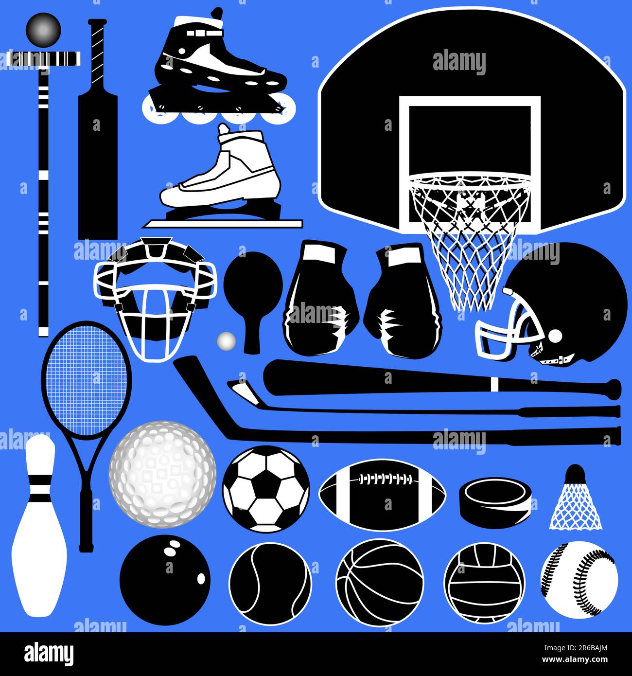 Sports equipment and balls in detailed vector silhouette Stock Vector
