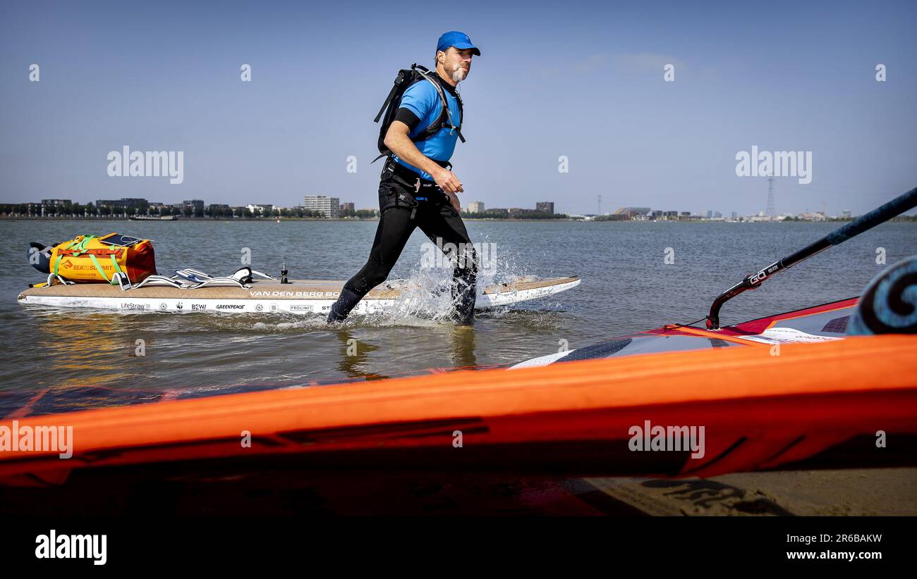 AMSTERDAM - Plastic Soup Surfer Merijn Tinga prior to his 1800km 30 day surfing trip from Oslo to London where he will meet the British Minister of the Environment. The aim of the trip is to quickly introduce a deposit in the UK. ANP KOEN VAN WEEL netherlands out - belgium out Stock Photo