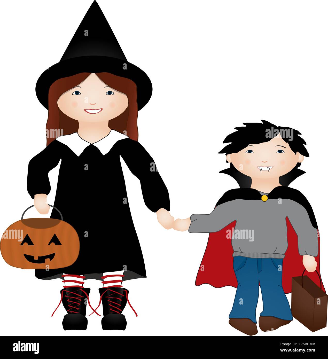 Vector illustration of 2 kids trick or treating on Halloween disguised