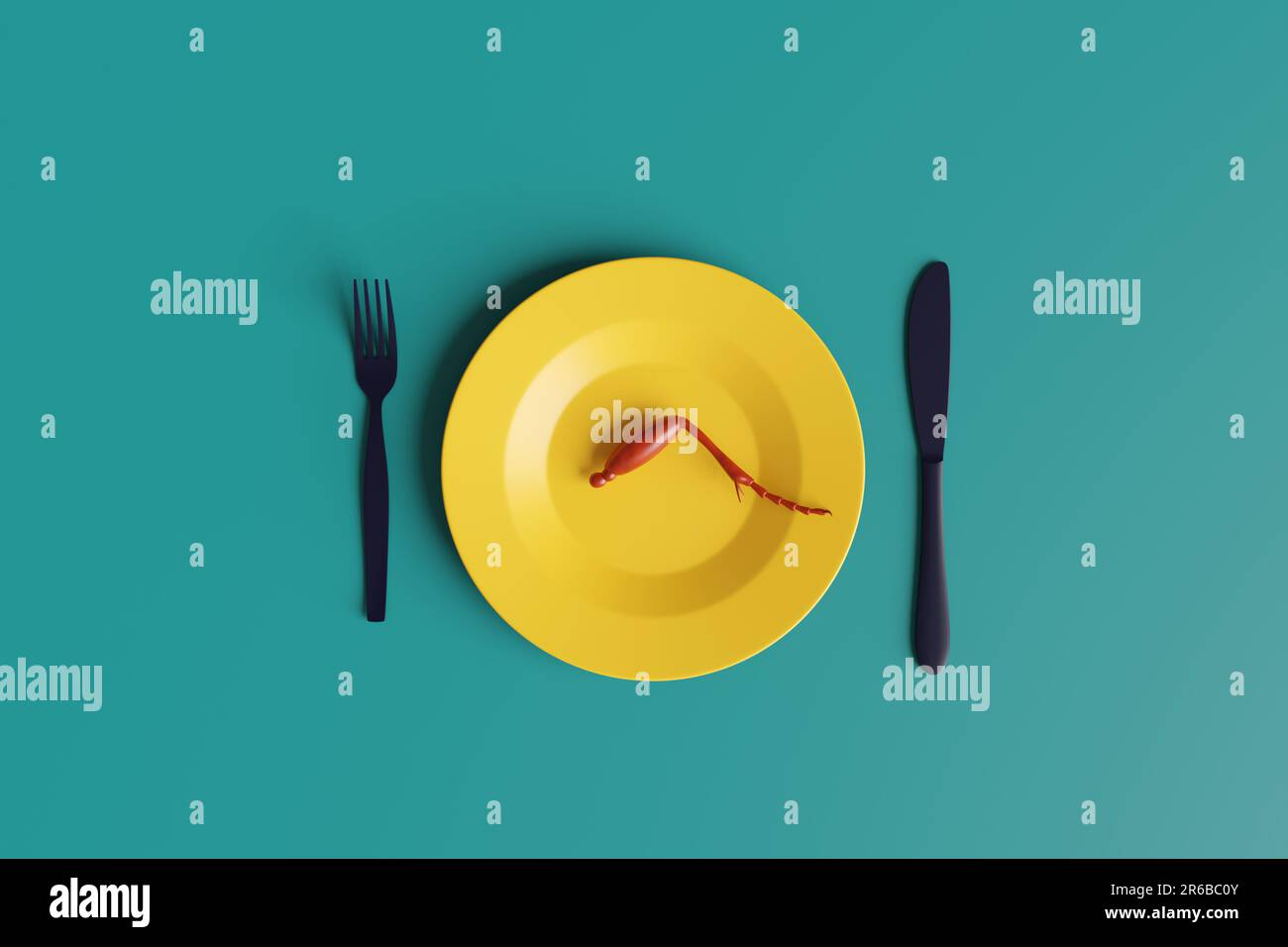 Red insect leg on a yellow place with black knife and fork on green ...