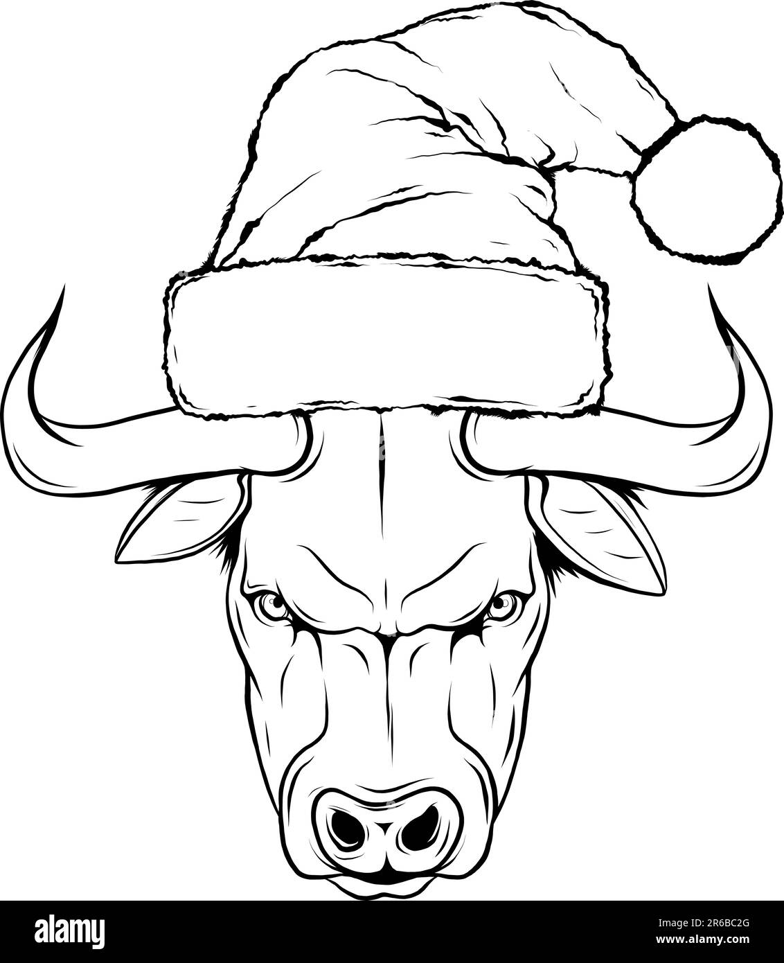 vector illustration of monochrome Cow with christmas hat Stock Vector