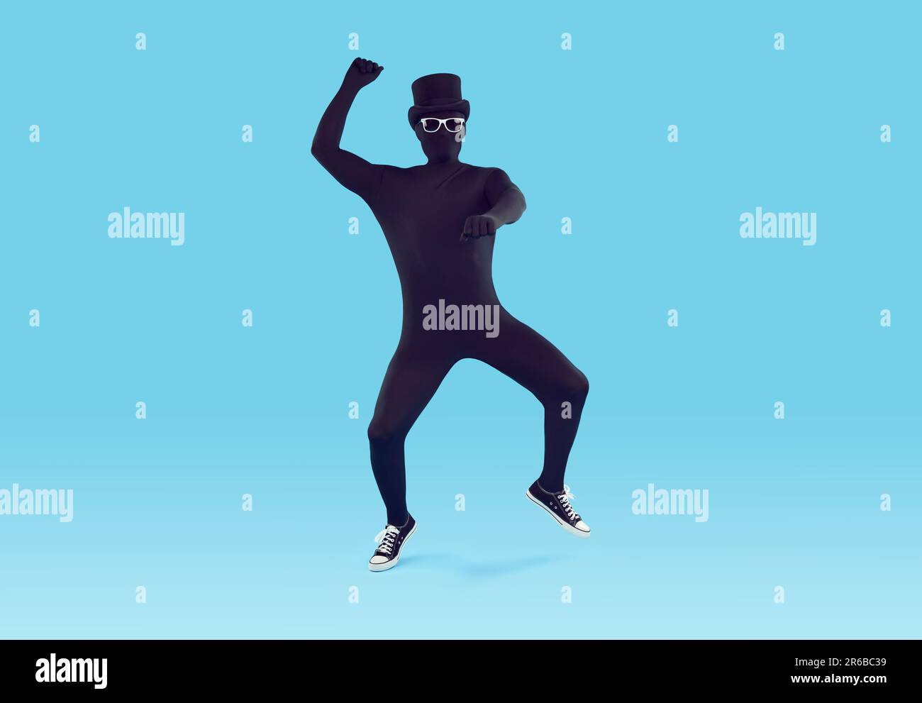 Mysterious faceless man dressed in black bodysuit dancing Stock Photo