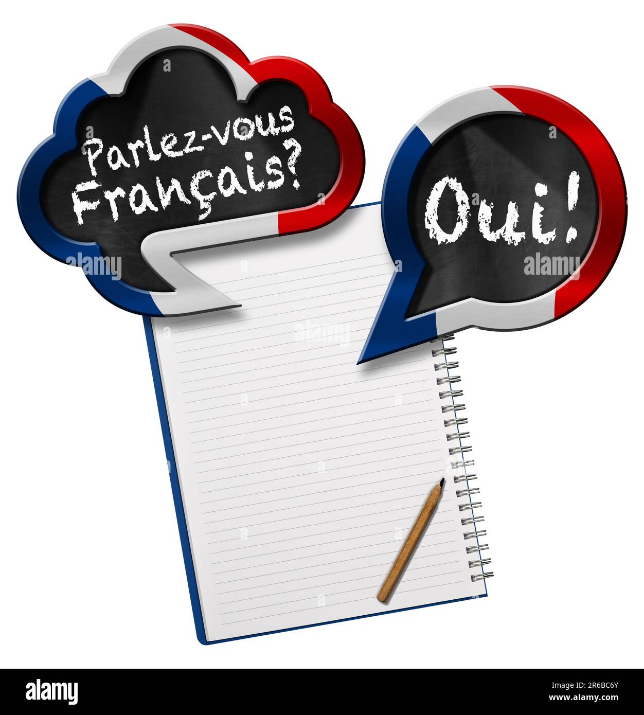 Two speech bubbles with with French flag and question Parlez-vous Francais? and Oui! (Do you speak French? and Yes!). Blank note book with copy space. Stock Photo