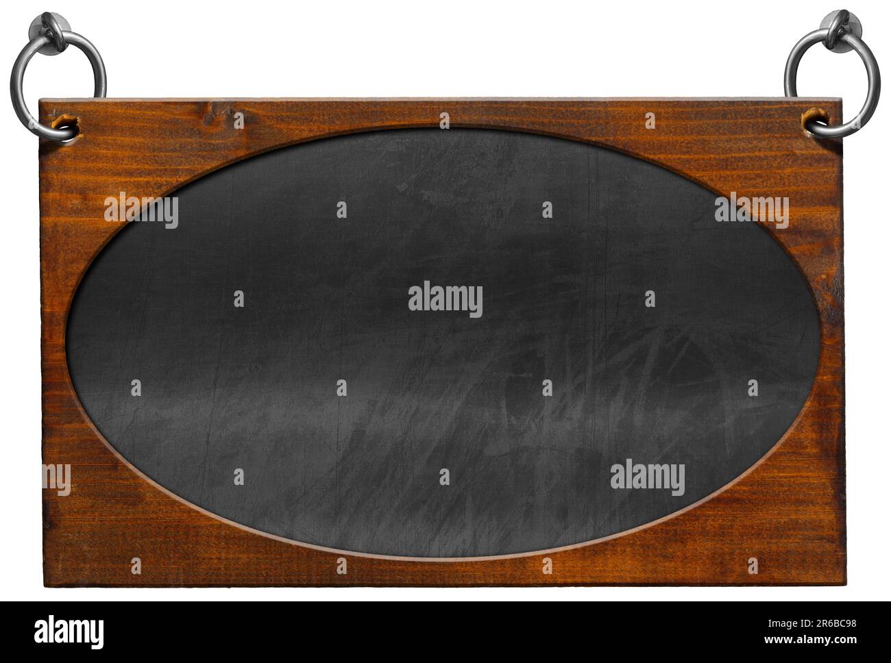 Old blank blackboard with wooden oval frame (ellipse shape) and steel rings for hanging. Isolated on white background and copy space, template. Stock Photo