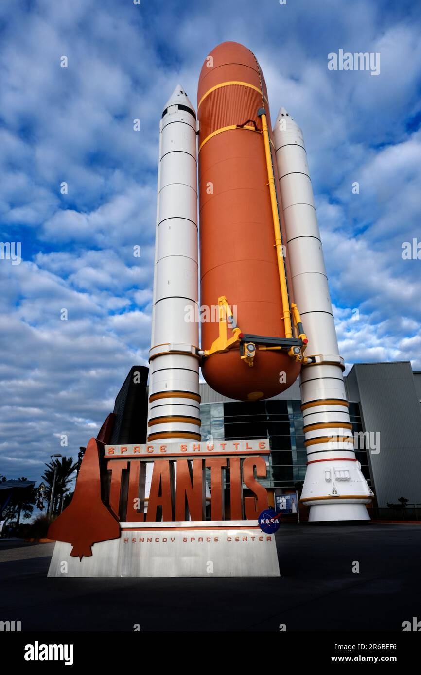 Space shuttle Atlantis booster rocket against clouds and blue sky at the Kennedy Space Center Stock Photo