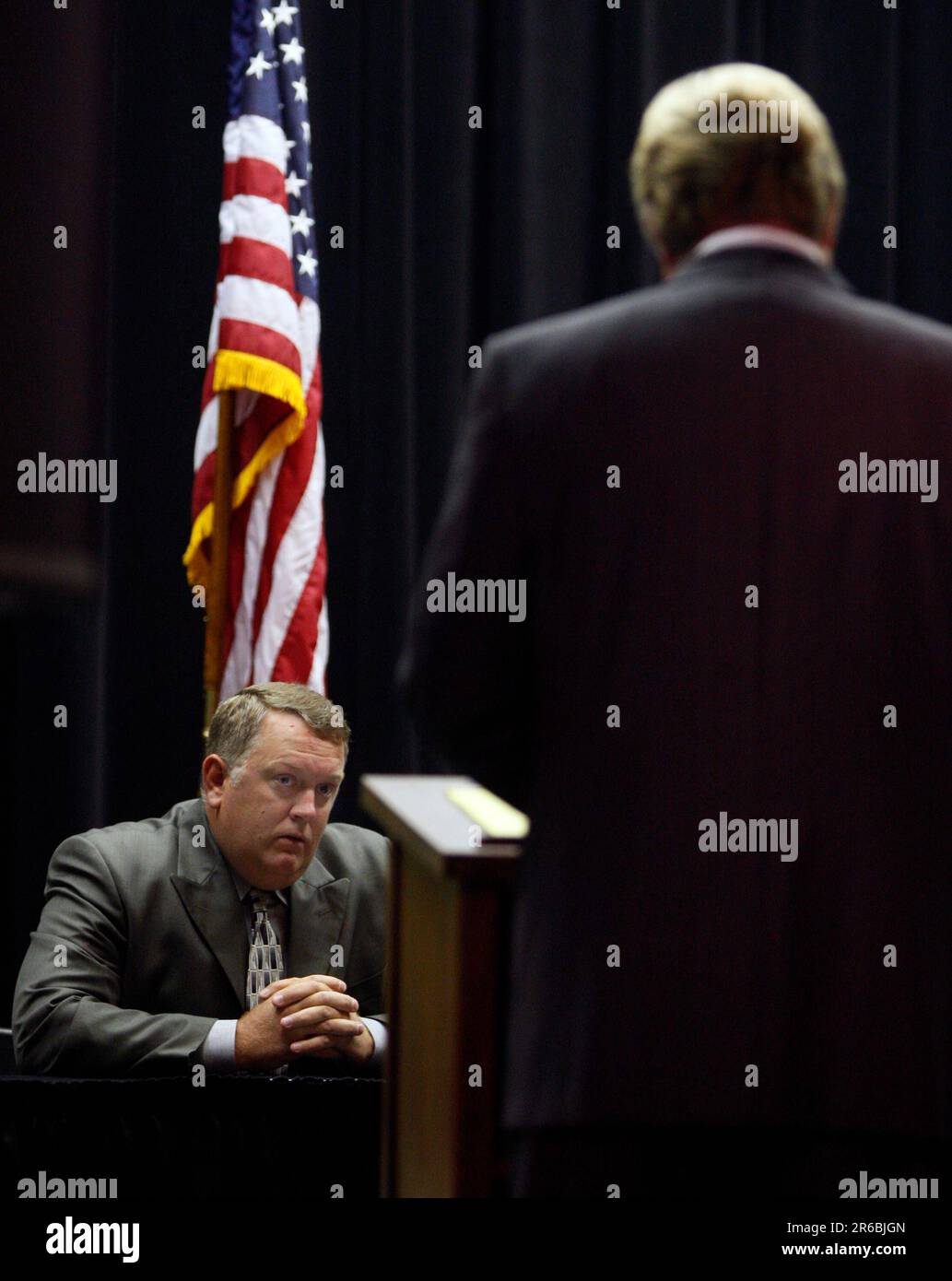 Police officer Kyle Wylie, left, is questioned on the witness stand by  deputy district attorney Robert Jones during a drunk driving trial at Jesse  Bethel High School in Vallejo, Calif., on Thursday,