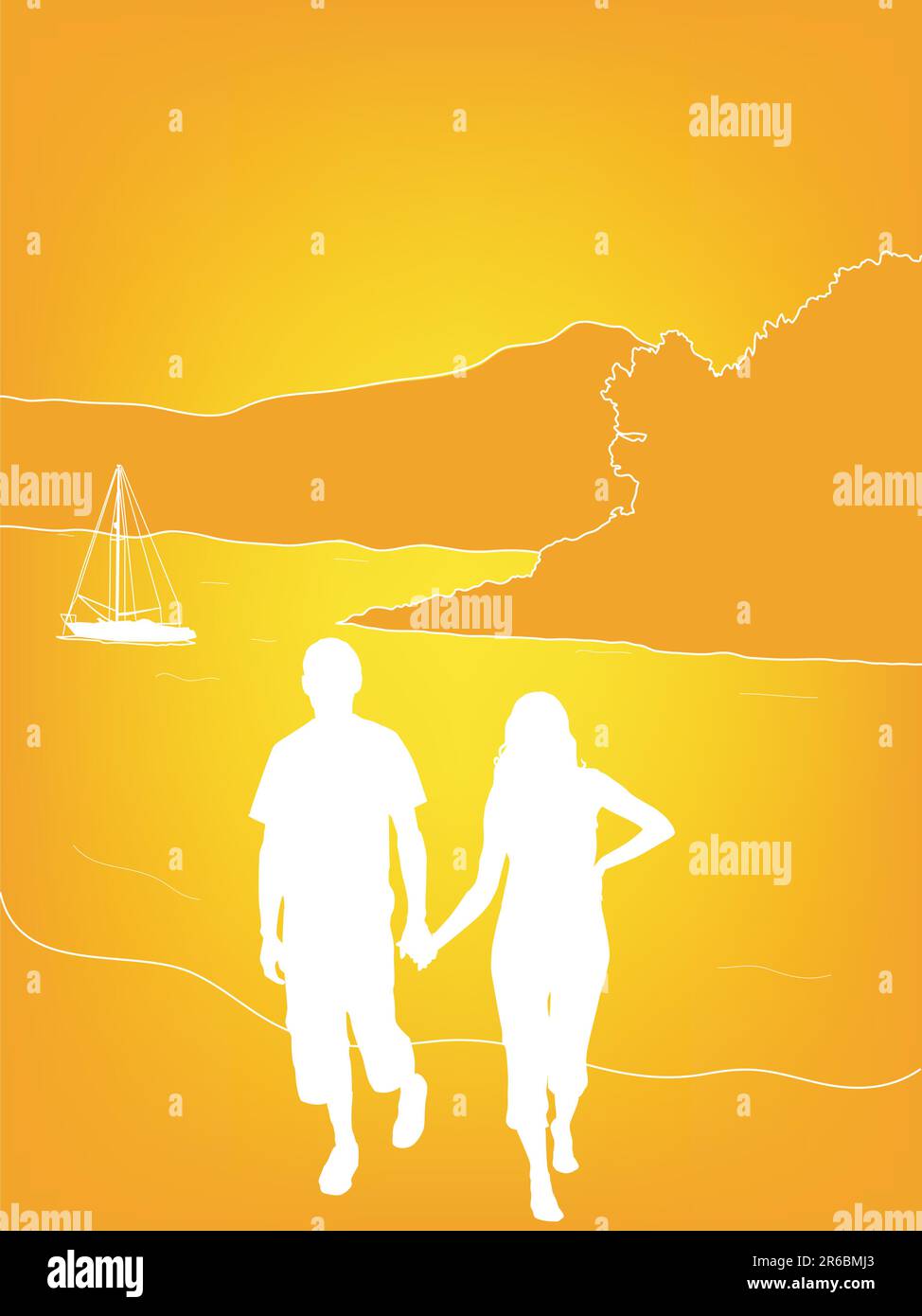 Vector shillouete of young couple walking along the beach at sunset Stock Vector