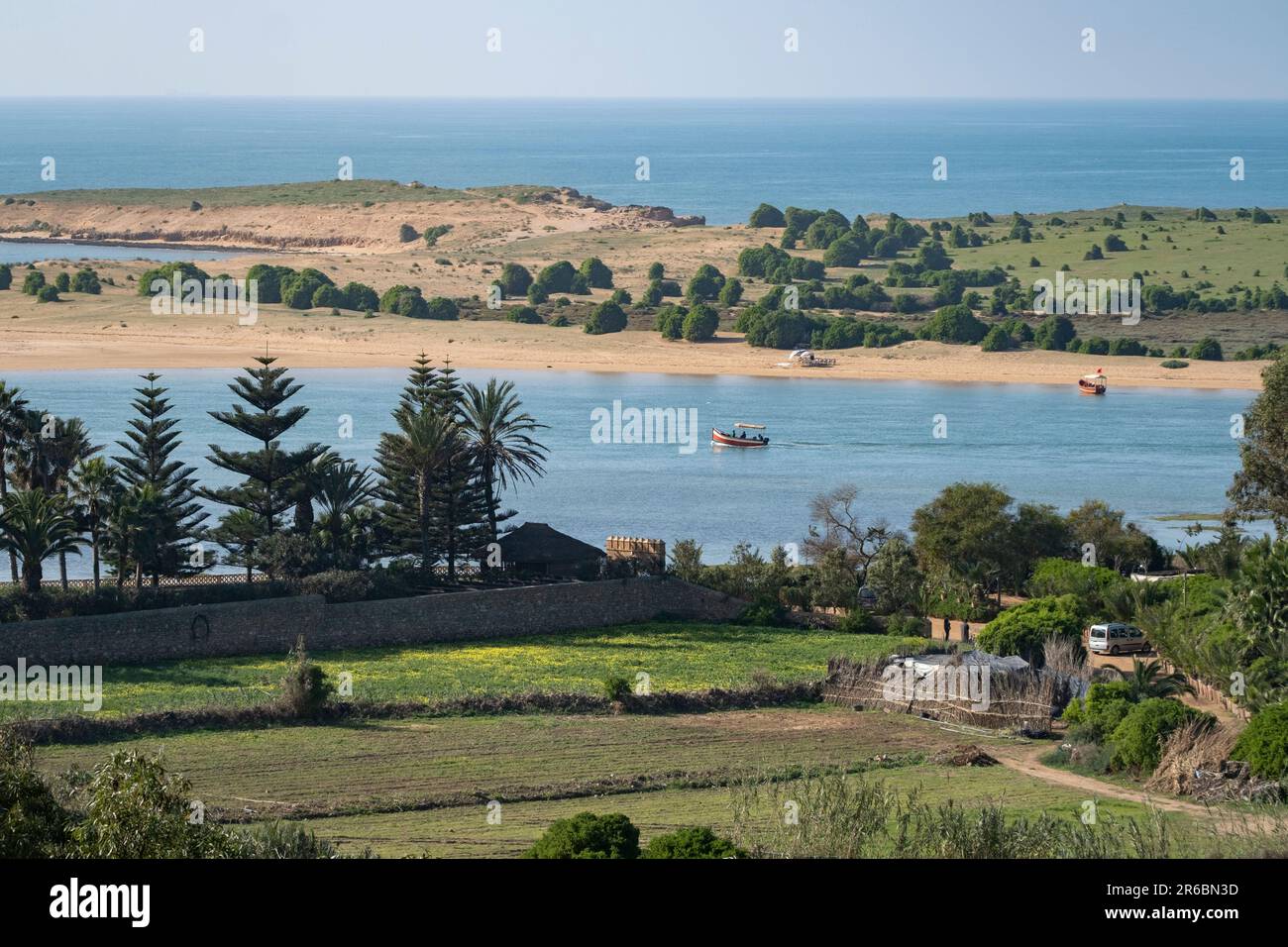 A farmstead on the fertile land by the Sidi Moussa–Oualidia RAMSAR protected lagoon on the Atlantic coast of Morocco Stock Photo