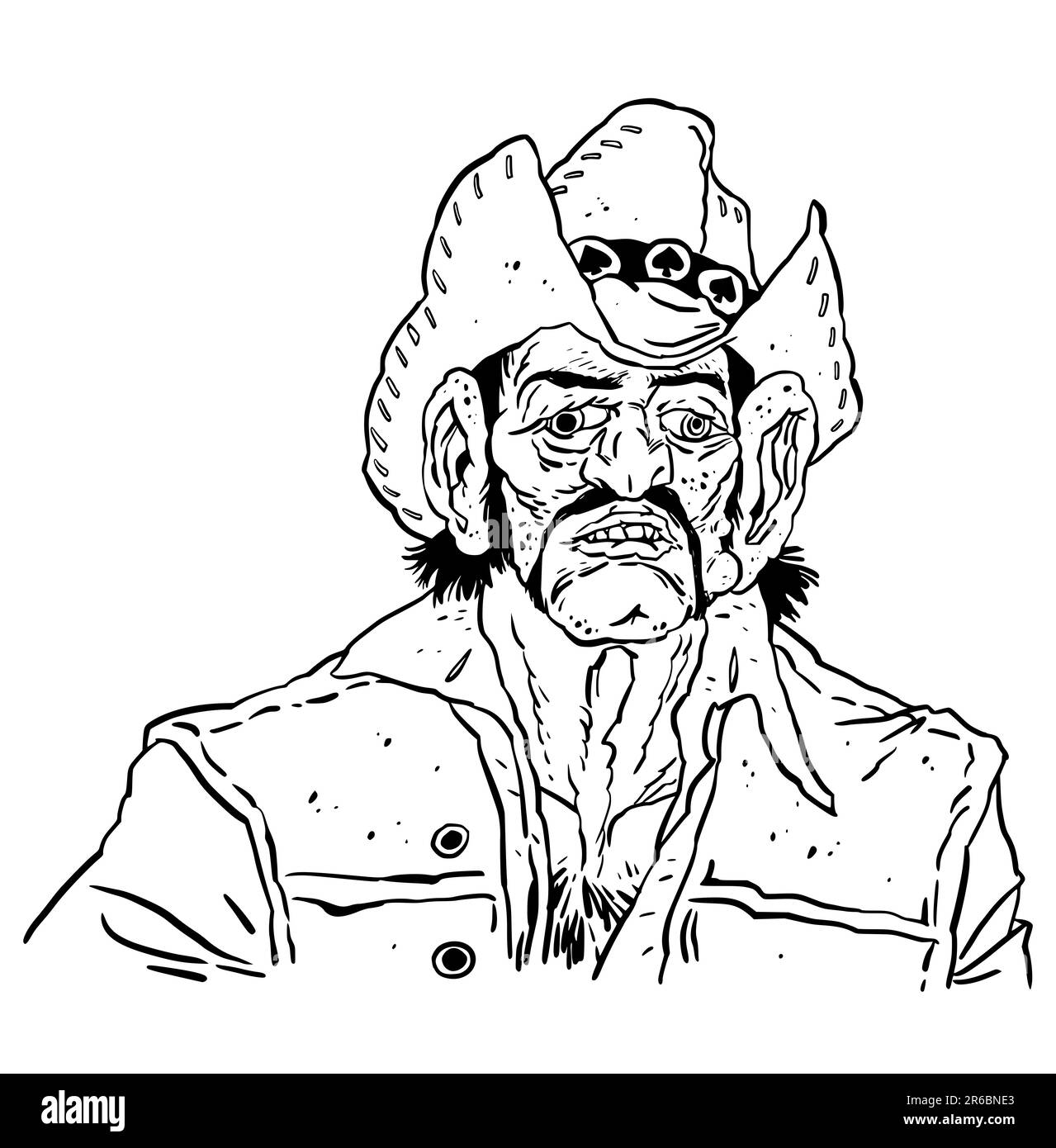 Caricature of Lemmy Ian Fraser Kilmister who founded and fronted the rock metal band Motörhead, British, Hand drawn Portrait Drawing. Stock Photo