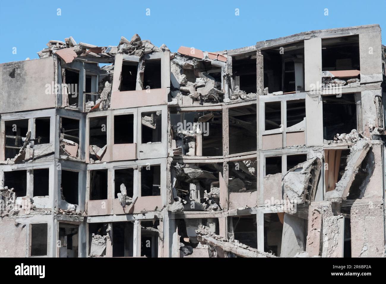 Destroyed building that collapsed. Ruined. Catastrophic zone. Earthquake. Morocco. Israel. Palestine. War. Afghanistan. Hamas. Tel Aviv. Gaza. Missile Stock Photo