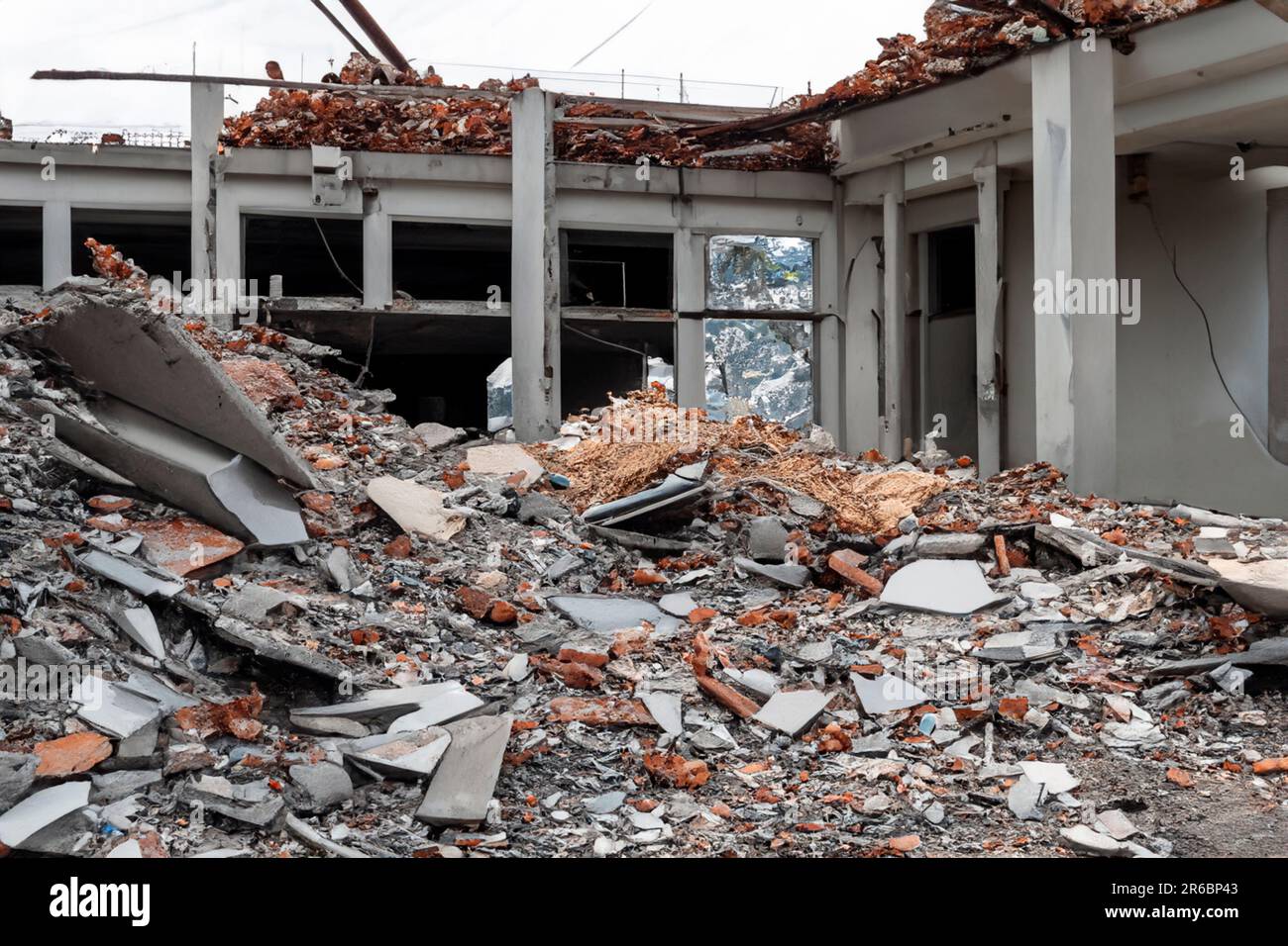 Destroyed building that collapsed. Ruined. Catastrophic zone. Earthquake. Morocco. Israel. Palestine. War. Afghanistan. Hamas. Tel Aviv. Gaza. Missile Stock Photo