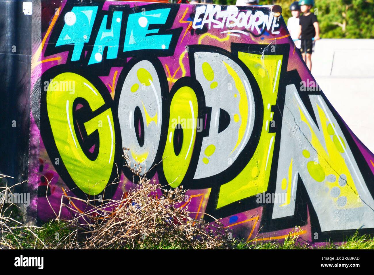 The Gooden Skate Park. Street Art Graffiti on the side of the Skate Park along Eastbourne Promenade, East Sussex, UK Stock Photo