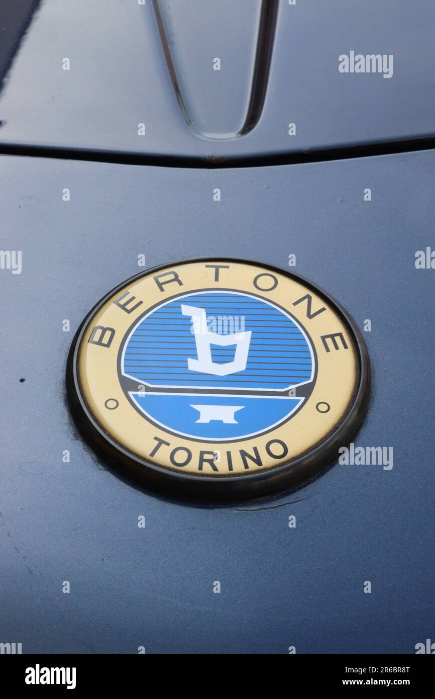 Bertone X1/9 highlighting a close up of the Bertone of Turin styling badge affixed to the front of the bodywork, May 2023. Stock Photo