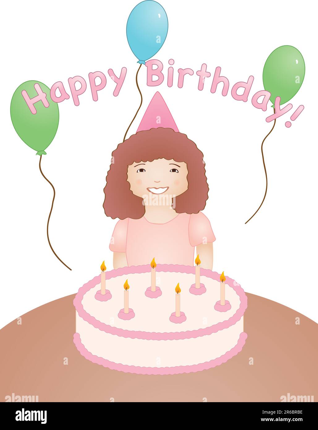 Vector illustration of a young girl in front of a birthday cake with ...