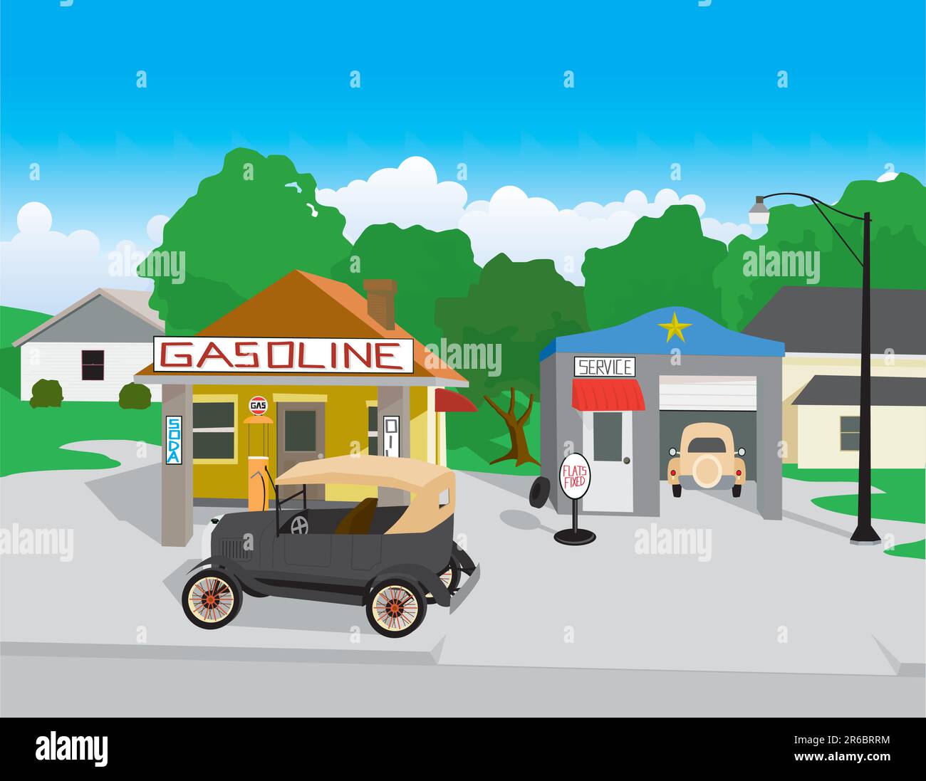 Vector illustation of an old gas station with an old car Stock Vector