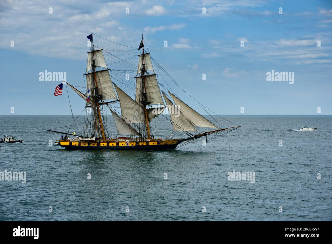 The US Brig Niagara, Commodore Oliver Hazard Perry’s flagship from the War of 1812, sails in the Cleveland Tall Ships festival in 2019. Stock Photo