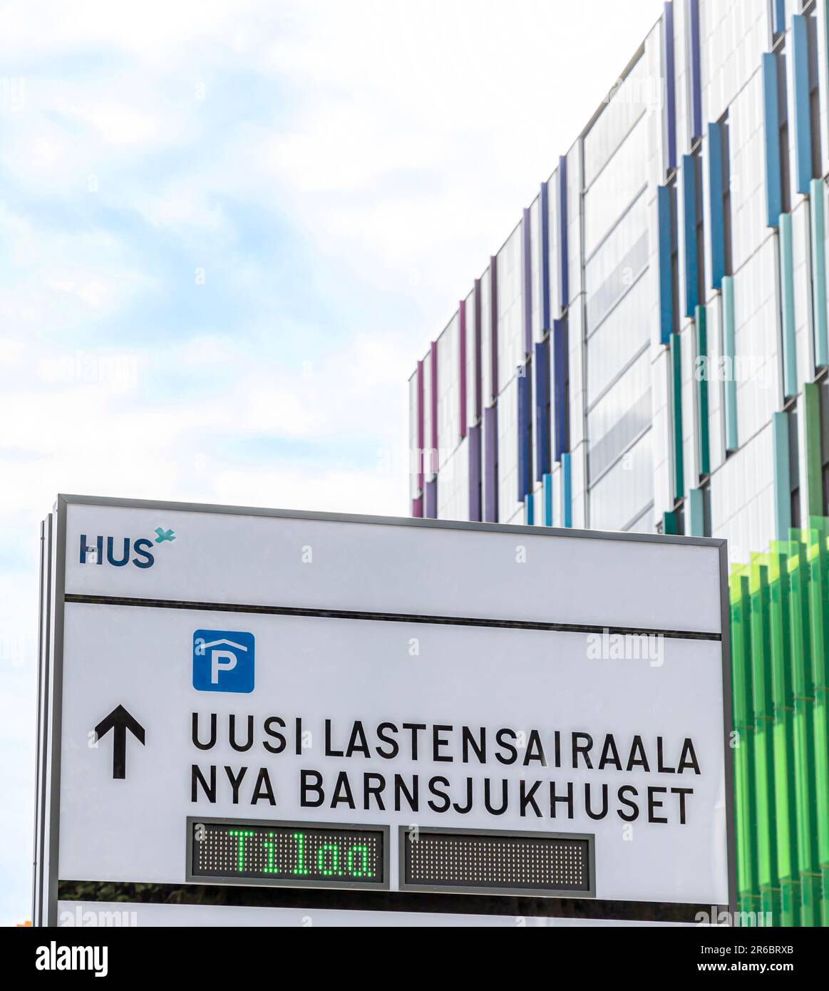 Parking sign at the HUS New Children's Hospital in Helsinki. Stock Photo