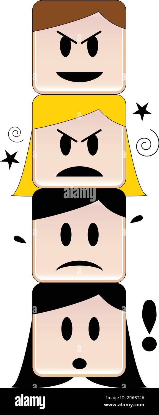 Heads on top of each other expressing different feelings under a mean face Stock Vector