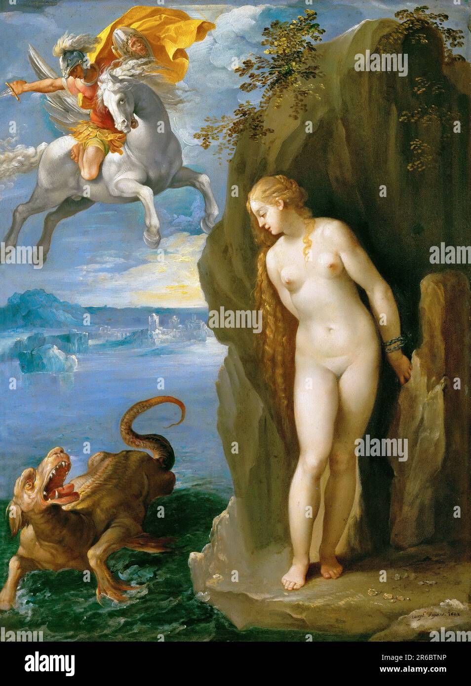 Andromeda, in Greek mythology the wife of Perseus and the daughter of the Ethiopian king Cepheus. To atone for her mother's hubris, Andromeda is to be offered as a human sacrifice to a sea monster of Poseidon and is chained to a rock, painting by Giuseppe Cesari, Historical, digitally restored reproduction from a 19th century original  /  Andromeda, in der griechischen Mythologie die Gattin des Perseus und die Tochter des äthiopischen Königs Kepheus. Um die Hybris ihrer Mutter zu sühnen, soll Andromeda als Menschenopfer einem Seeungeheuer des Poseidon dargebracht werden und wird an einen Felse Stock Photo