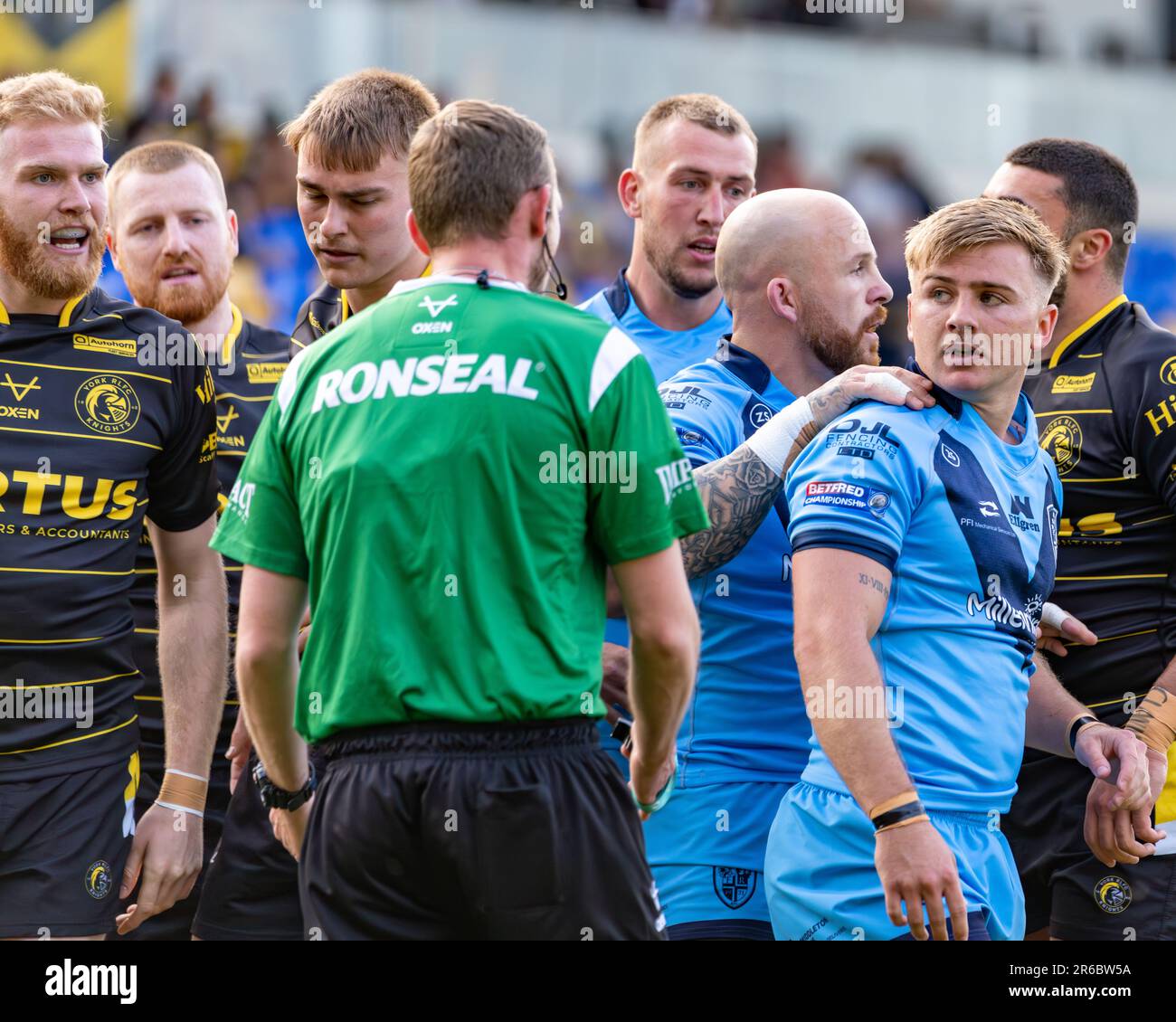 York, UK. 27th May, 2023. Rugby League Summer Bash: Featherstone Rovers v York RLFC. #25 Thomas Lacans, Featherstone Rovers has a few words with refer Stock Photo