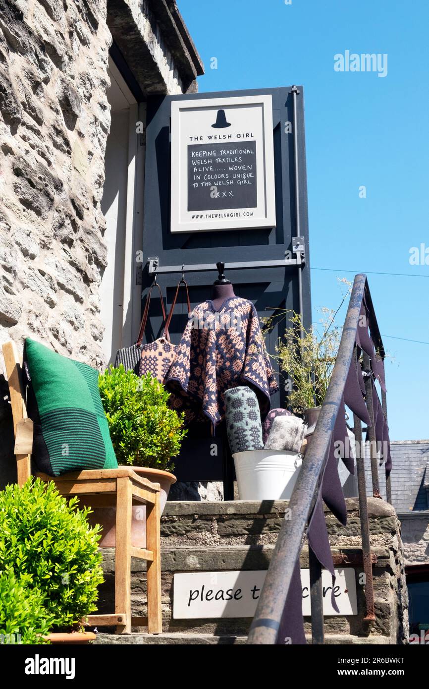 The Welsh Girl shop exterior and sign selling traditional Welsh fabric