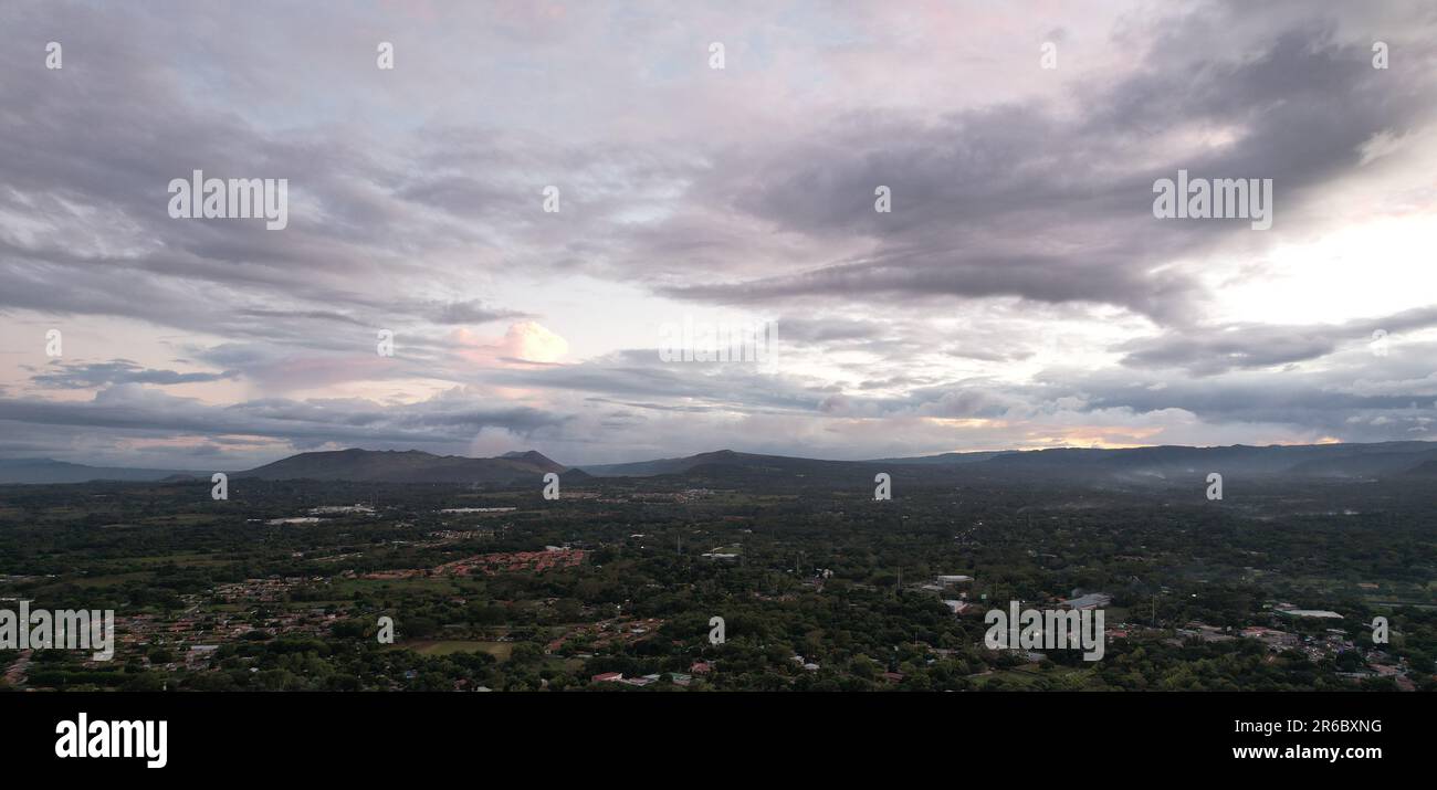 Nicaragua panorama landscape with sunset cloudscape aerial drone view Stock Photo