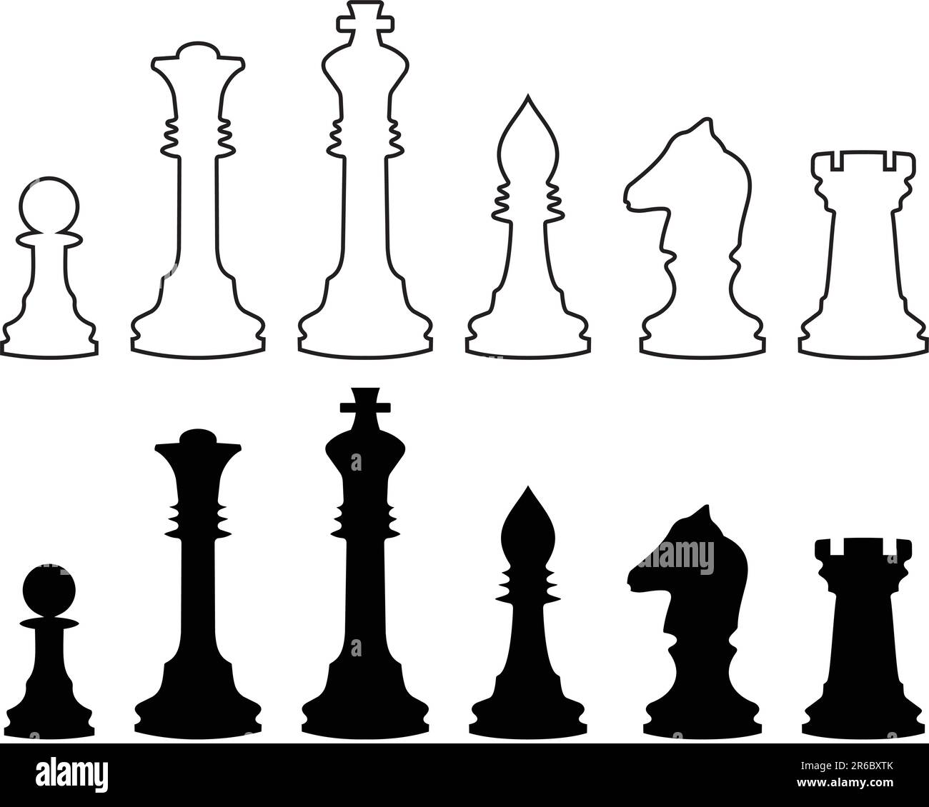 Cartoon black and white chess pieces icons. Flat chessmen, queen