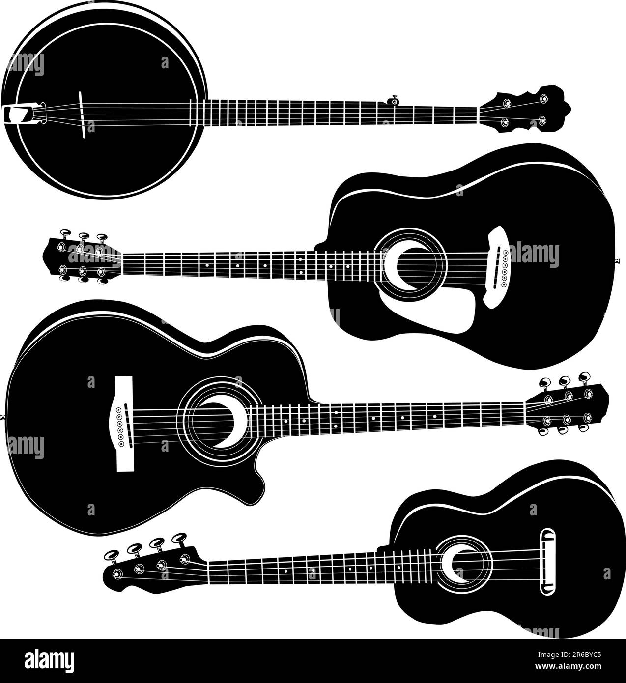Acoustic guitars and banjo in detailed vector silhouette. Set includes