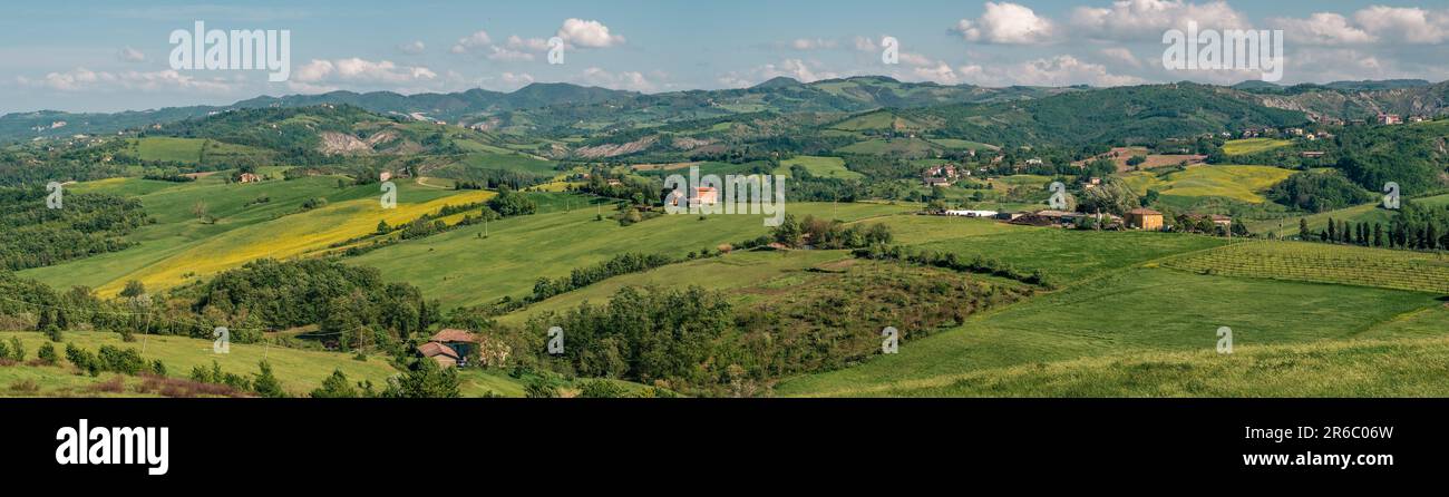 Panoramic view of the hilly agricultural landscape of the province of Bologna Stock Photo