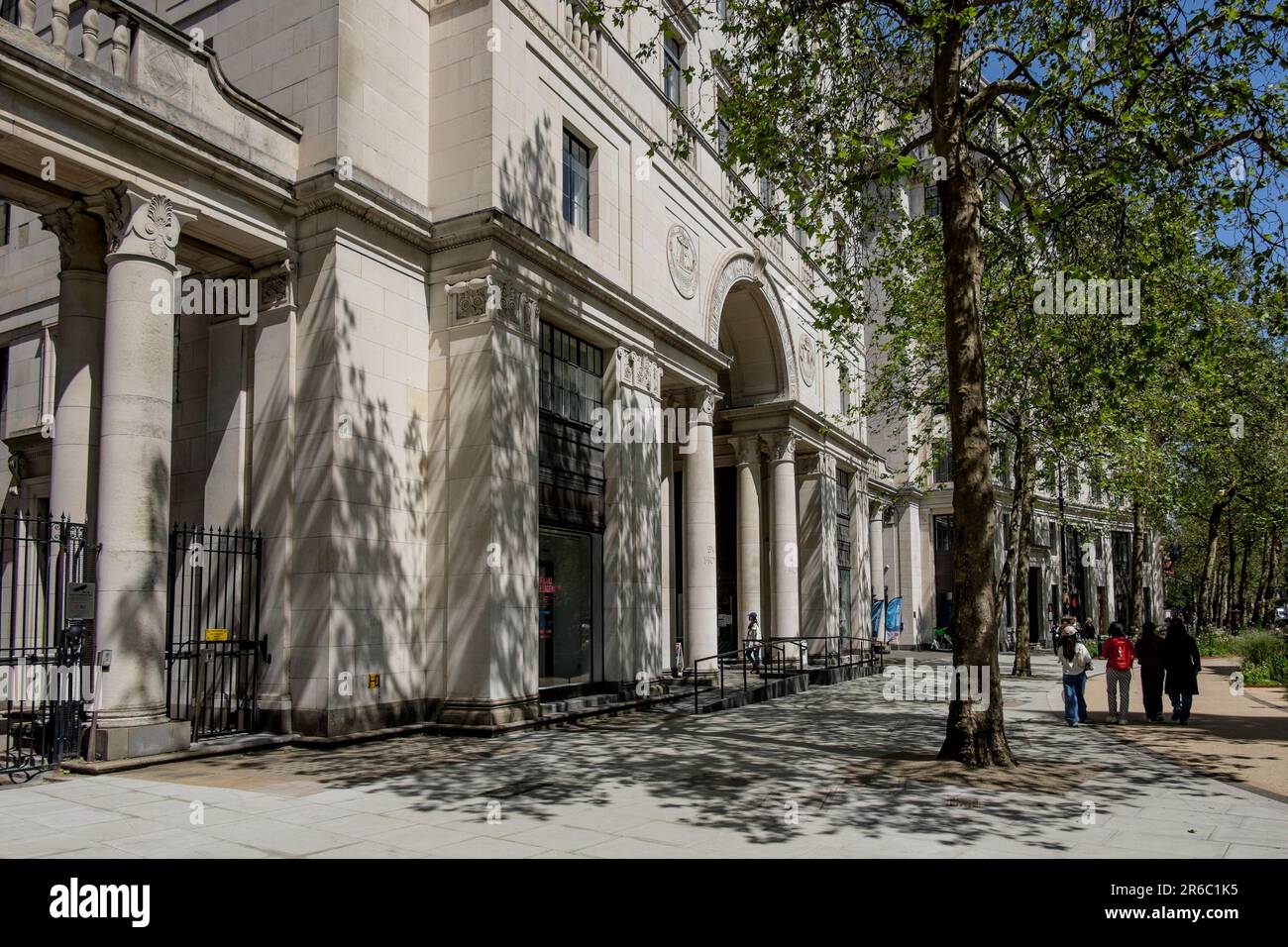 The Strand entrance to Bush House from the now pedestrianised area of the Strand, part of The Northbank Business Improvement District, London, UK Stock Photo