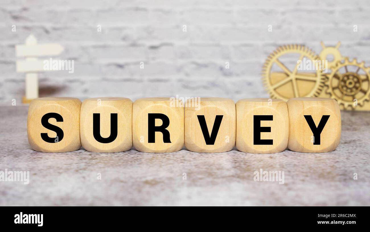 Survey sign made of blocks on a wooden table. Stock Photo