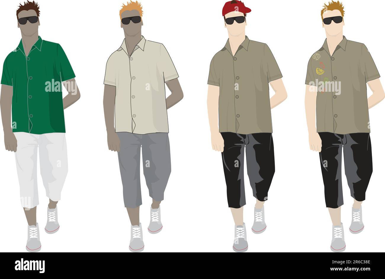 Four male models wearing casual clothing in assorted colours Stock