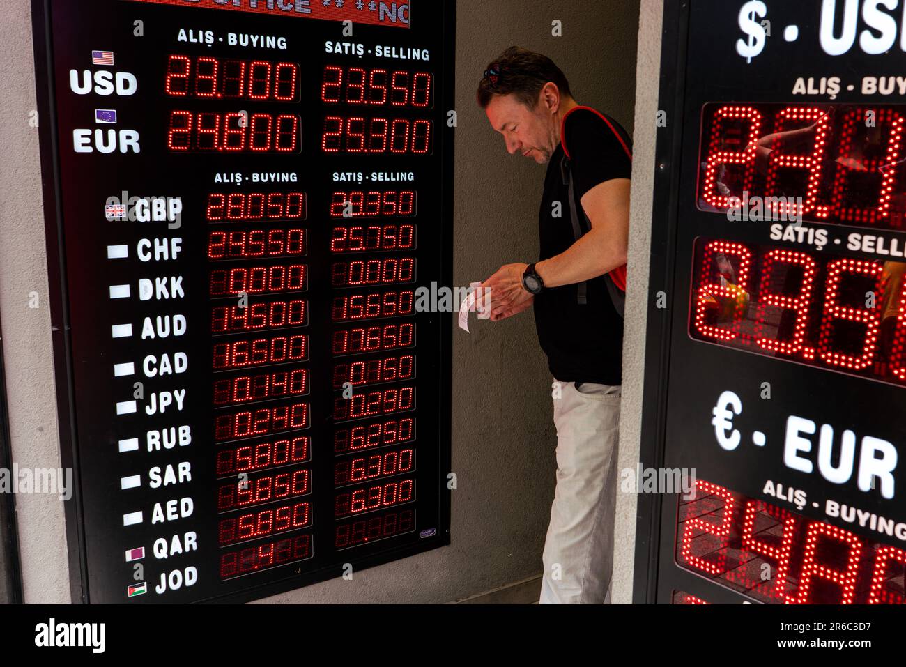 Istanbul, Turkey. 08th June, 2023. A man checks the exchange rates at the  exchange office. After the election on May 28, the Central Bank of the  Republic of Turkey stopped suppressing the