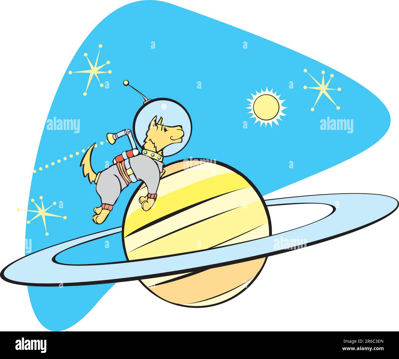 Retro Space Dog flies by planet Saturn. Stock Vector
