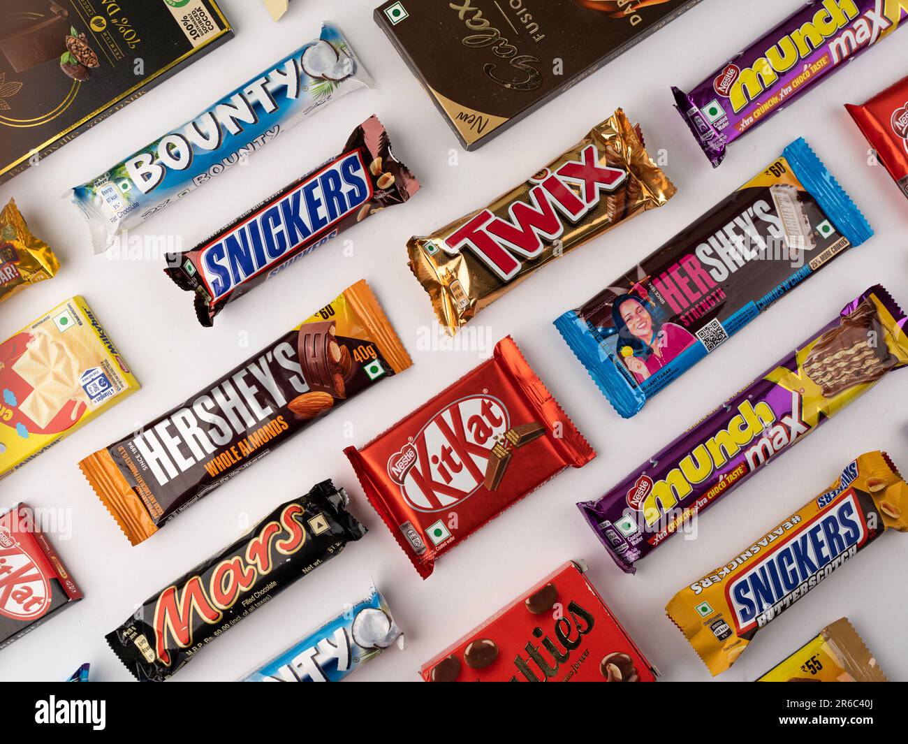 West Bangal, India May 20, 2023 Different Chocolates isolated on white background Stock