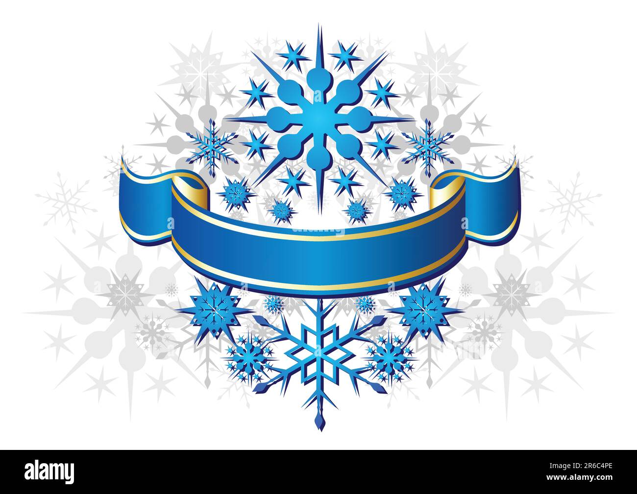 Ornamental blue ribbon with different snow crystals over white ...